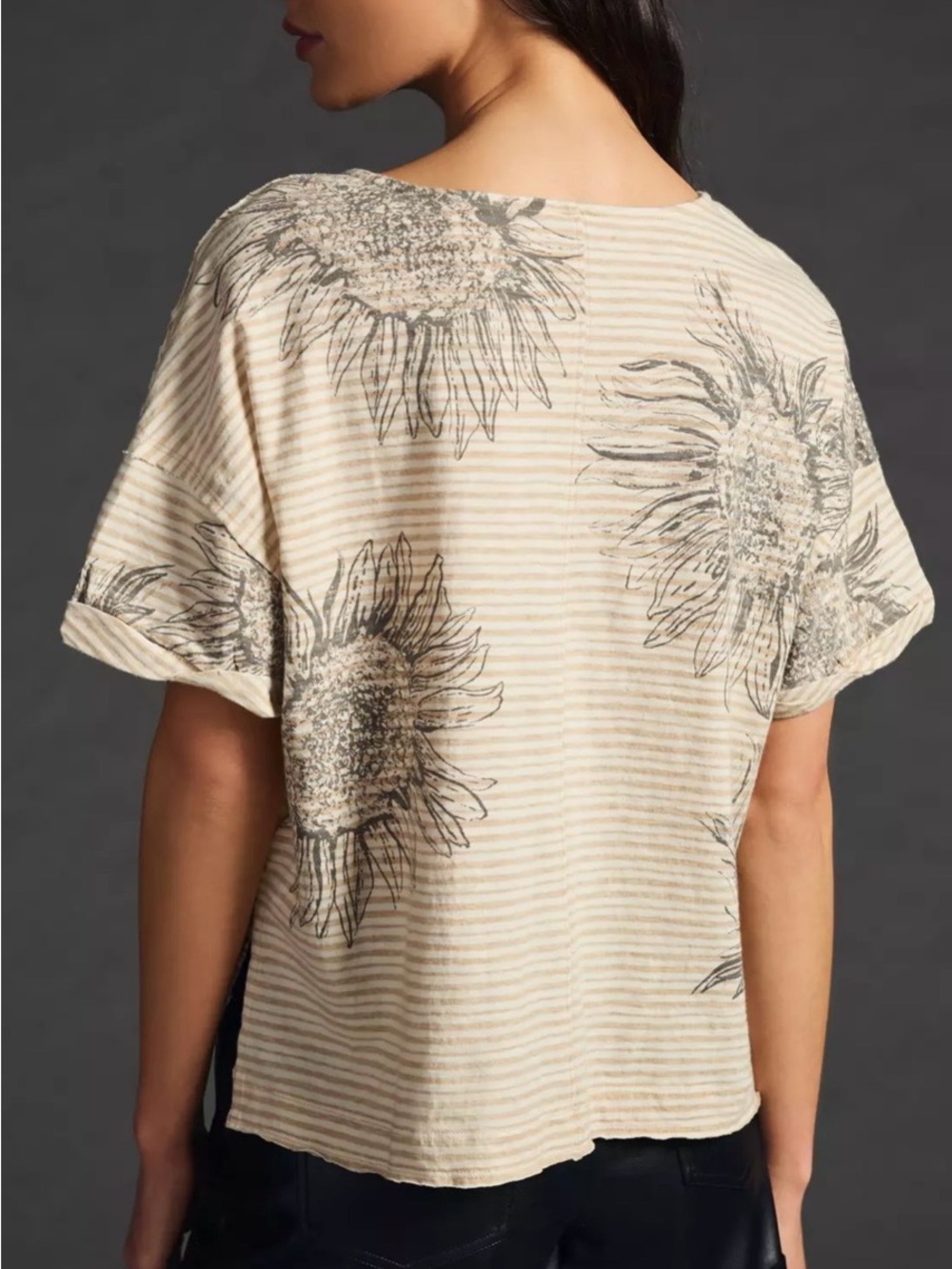 Pilcro Split-Neck Tee Cream Striped Sunflower Short Sleeve,SizeSmall,100% cotton - Picture 2 of 8